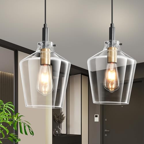 Vaziden Modern Glass Pendant Lighting for Kitchen Island 2 Pack, Farmhouse Black and Gold Pendant Light Fixtures, Adjustable Hanging Ceiling Light, Angled Clear Glass Shades 8 Inch | Amazon (US)