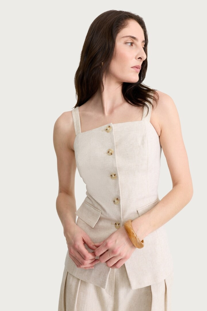 F&F Linen Rich Button Front Co-ord Waistcoat in Beige | Tesco F&F