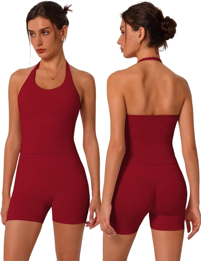 ABOCIW Workout Sets for Women 2 Piece seamless Halter Sports Bra Scrunch Butt Impact Shorts Gym Y... | Amazon (US)