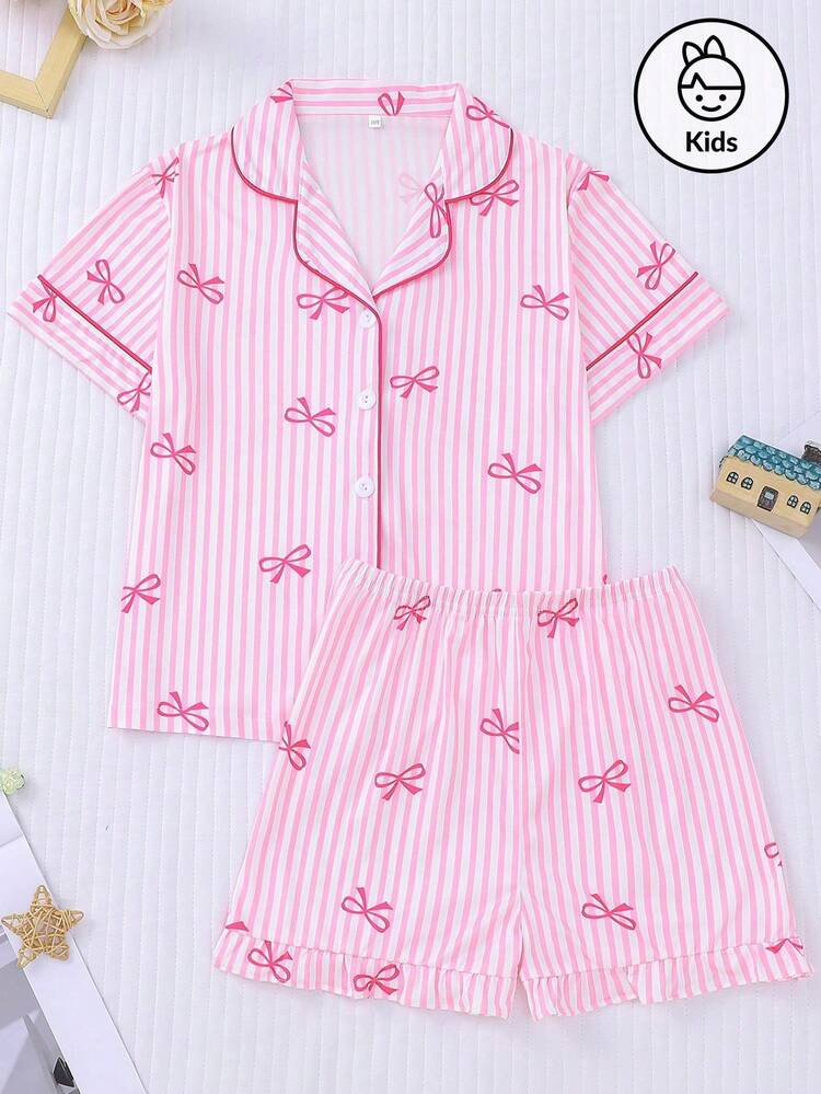 2pcs/Set Girls' Butterfly & Heart Print Pajamas, Pink Base With Bow Decor, Comfortable Casual Loungewear Set With Cardigan Collar Top And Elastic Waist Shorts, Suitable For Daily Wear And Sleepwear, Machine Washable | SHEIN