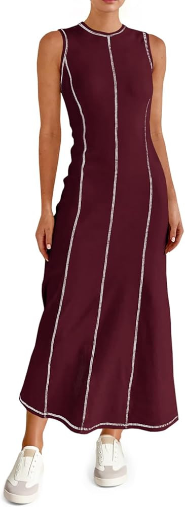 Wenrine Womens Tank Maxi Dress Sleeveless Crew Neck Knit Ribbed Summer Contrast Stitch Dresses | Amazon (US)