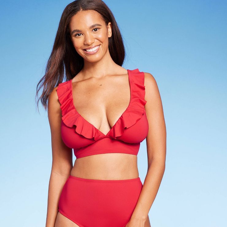 Women's Ruffled V-Neck Longline Triangle Bikini Top - Shade & Shore™ | Target
