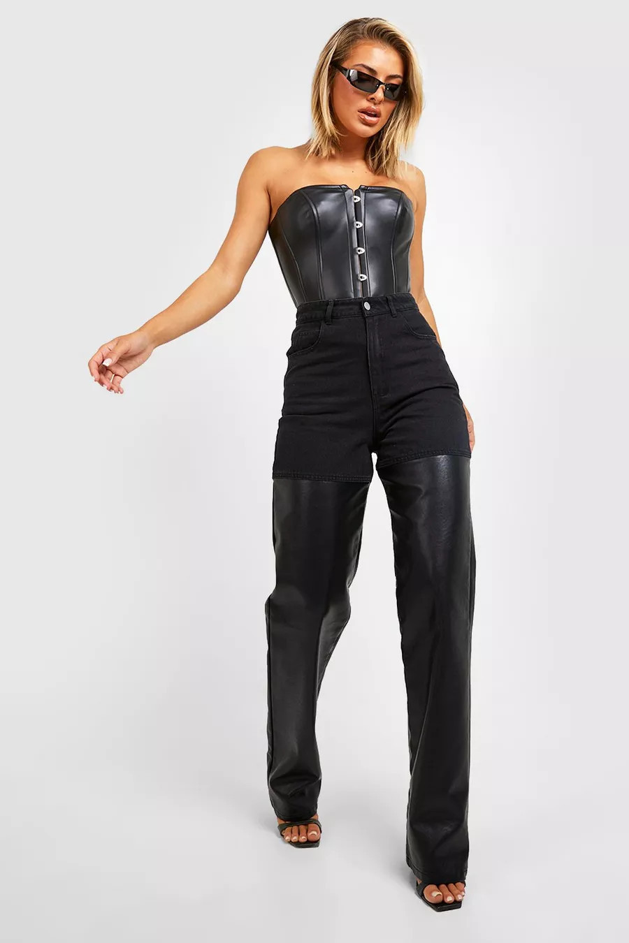 Pu Coated Color Block Wide Leg Jeans | boohoo (US & Canada)