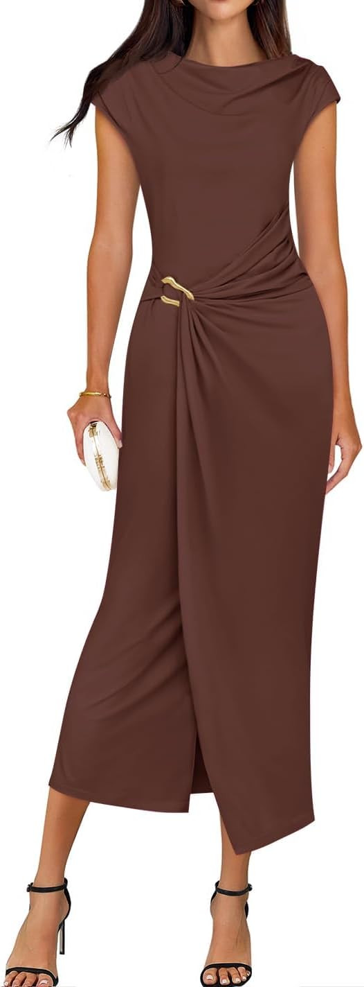 ZESICA Women's 2026 Summer Mock Neck Casual Bodycon Dress Cap Sleeve Elegant Cocktail Party Long ... | Amazon (US)