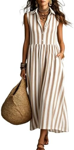 Daacee Women's Striped Sleeveless Maxi Dress Boho Beach Long Sundress | Lightweight Shirt Dress w... | Amazon (US)
