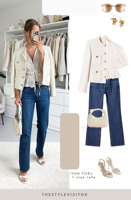 Casual chic outfit wearing high waisted straight jeans (32, tts), broderie anglaise top or blouse (36, tts) and my best selling tweed jacket (s, would size up if between sizes). Read the size guide/size reviews to pick the right size.

Leave a 🖤 to favorite this post and come back later to shop

#blue jeans #puff sleeved top 

#LTKstyletip #LTKSeasonal #LTKeurope
