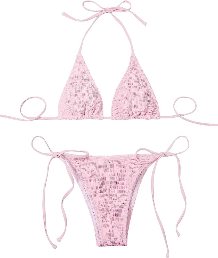 SweatyRocks Women's 2 Piece Triangle Bathing Suit Halter Top ​Tie Side Thong Bikini Swimsuits | Amazon (US)