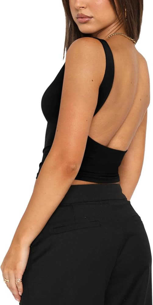 REORIA Women's Sexy Open Back High Neck Sleeveless Tank Top Y2k Trendy Backless Crop Tops | Amazon (US)