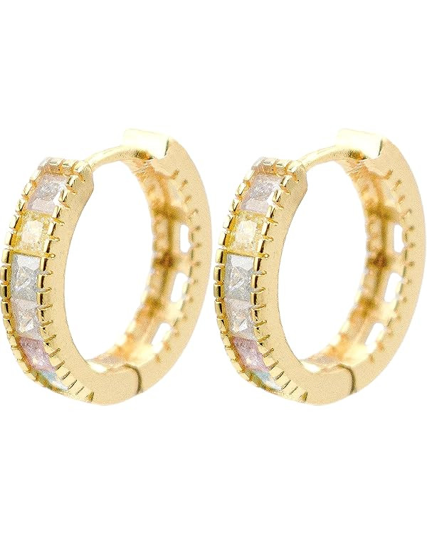 Sparkly Crystal Huggie Hoop Earrings, Tarnish Resistant 18k Yellow Gold Filled | Amazon (US)