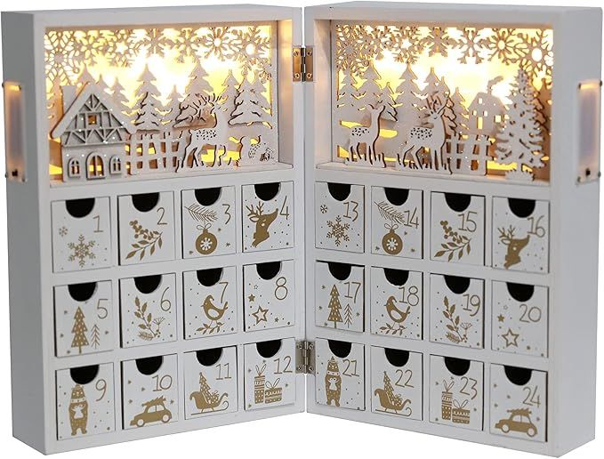 PIONEER-EFFORT Christmas Wooden Advent Calendar Book with LEDs White & Gold Christmas Reindeer Co... | Amazon (US)