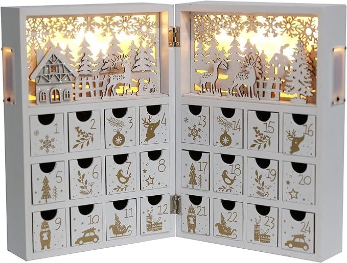 PIONEER-EFFORT Christmas Wooden Advent Calendar Book with LEDs White & Gold Christmas Reindeer Co... | Amazon (US)