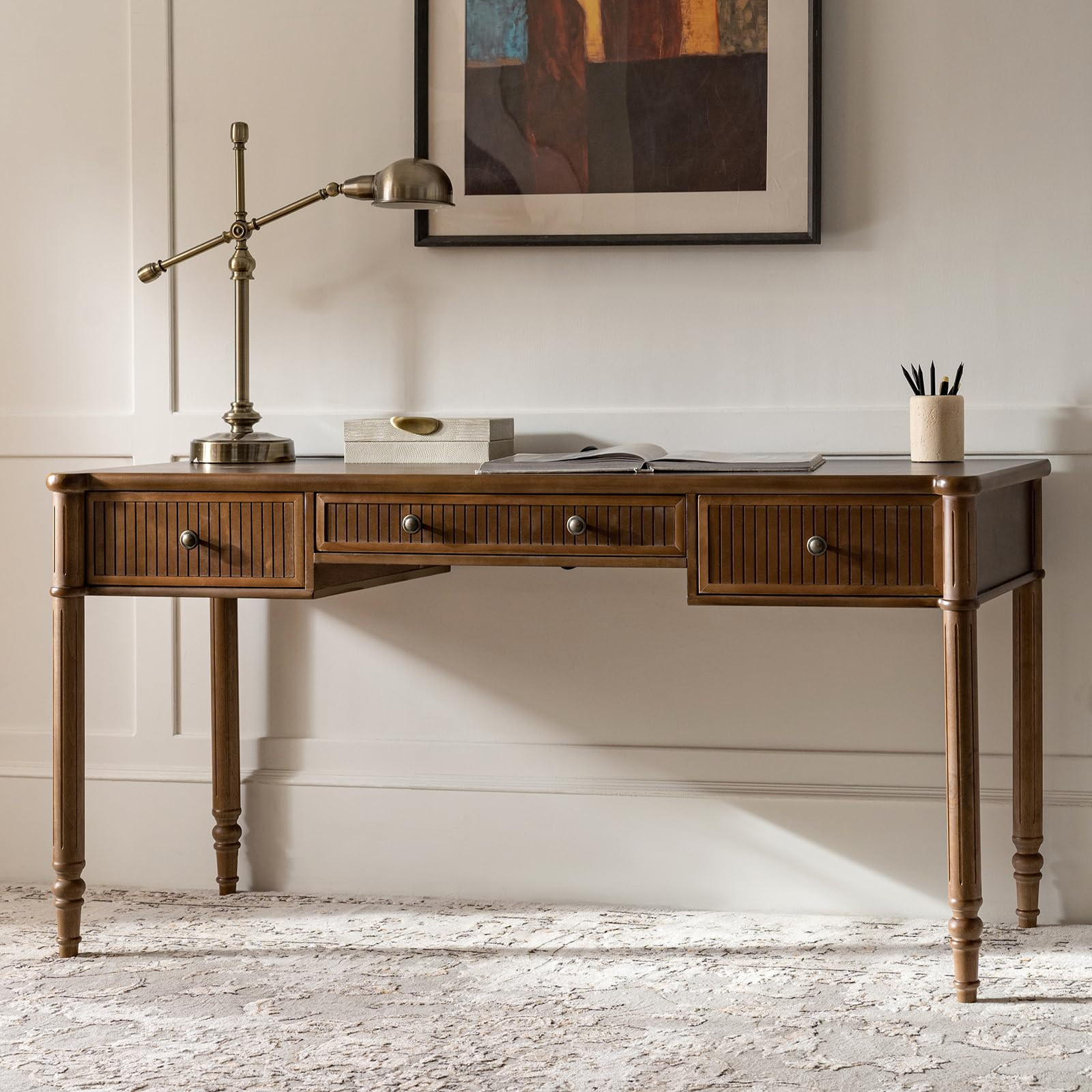 HULALA HOME 60" Modern Executive Desk with Storage, 3 Drawer Fluted Writing Desk with Solid Wood ... | Amazon (US)