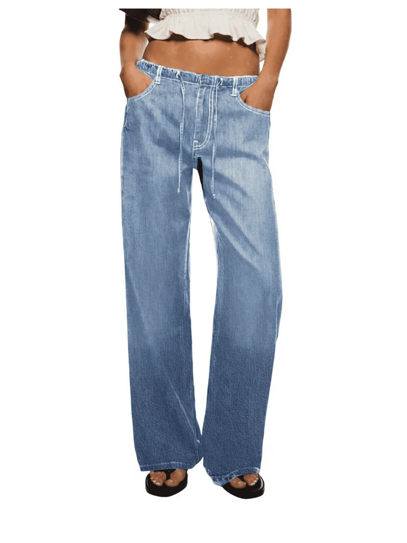 Forever 21 Women’s Wide Leg Lightweight Denim Pants with Adjustable Drawstring Waist, Side Pock... | Walmart (US)