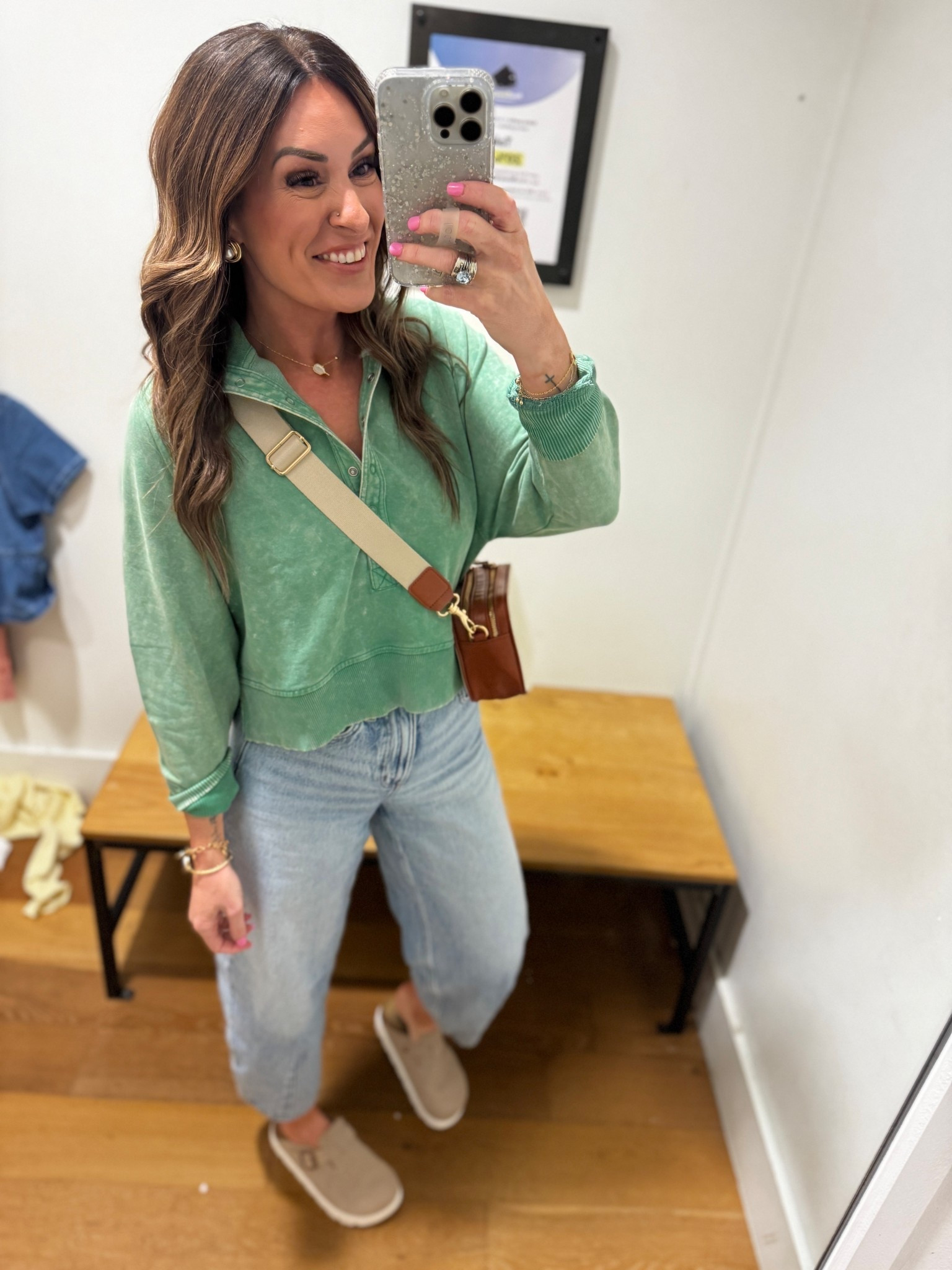 Wearing a XS in this new arrival sweatshirt from American Eagle, a 0 Regular in these Barrel Target Jeans (they are one of the only pairs I grab on repeat!)  I’m 5”6, usually wear an XS/S, 140lb, 32D. 

#LTKmomlife #LTKgrwm #LTKdayinmylife