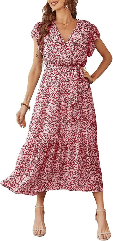 PRETTYGARDEN Women's 2023 Floral Summer Dress Wrap V Neck Short Sleeve Belted Ruffle Hem A-Line B... | Amazon (US)