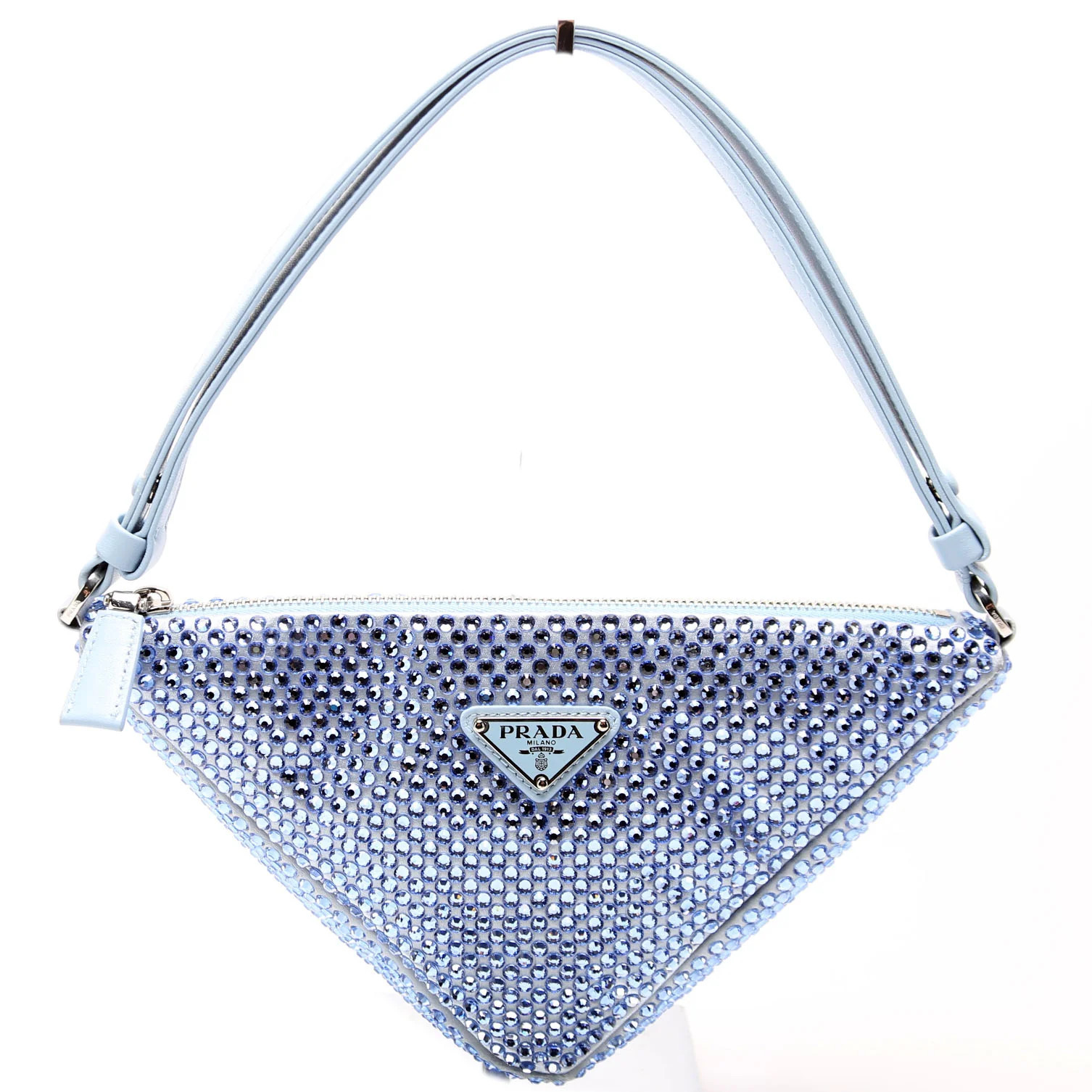 1BC190 Crystal Satin Triangle Pouch Blue | Keeks Designer Handbags