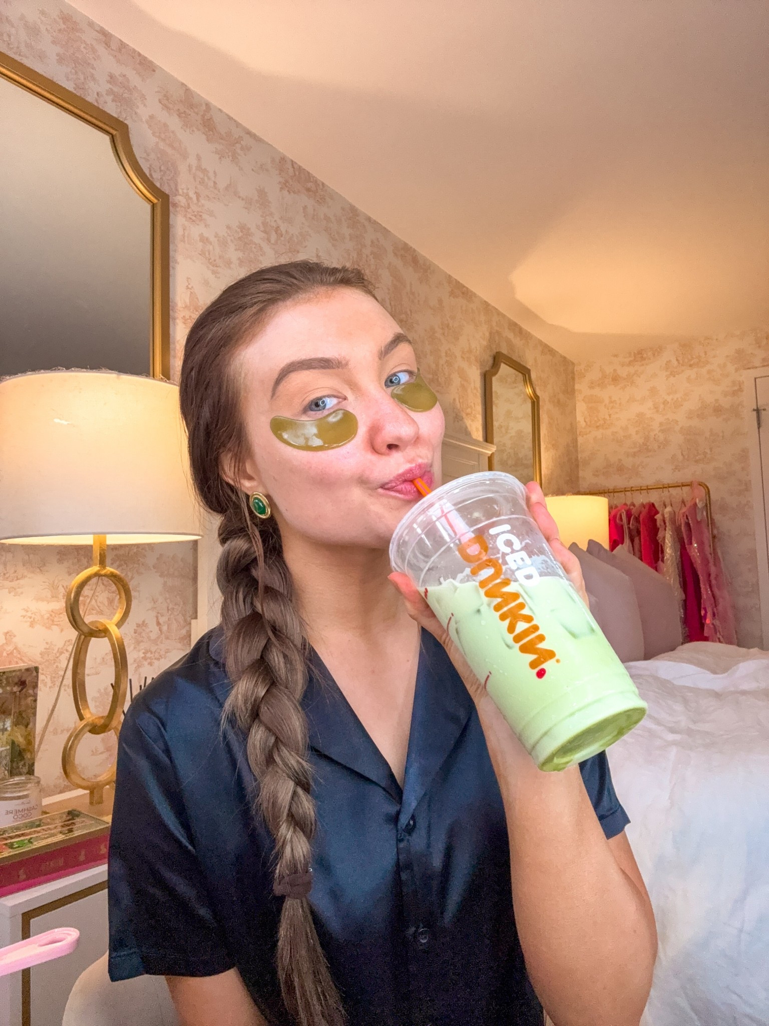 Black silk pajamas, gold and green earrings and green eyepatches for the wicked vlog of living like Elphaba for a day✨💚

#LTKFindsUnder50 #LTKBeauty