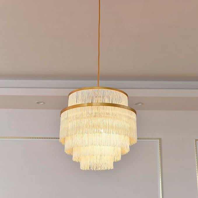 5 Tiers Boho Chandelier with Fringe,Gold 3-Light Fringe Pendant Light Fixture,Tassle Chandelier f... | Amazon (US)