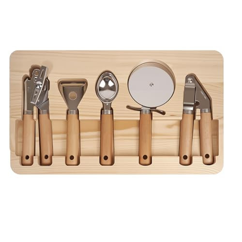 Cathyeen Stainless Steel Kitchen Gadget with Wood Organizer - Can Opener, Vegetable Peeler, Ice Cream Scoop, Pizza Cutter, Garlic Press - Kitchen Tools and Gadgets 2025 Cooking Kitchen Essentials | Amazon (US)
