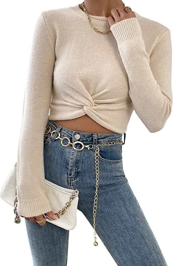 MISSACTIVER Women’s Twist Front Long Sleeve Knitted Crop Sweater Crew Neck Solid Slim Fit Casua... | Amazon (US)