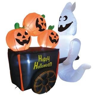 JOYIN 6 ft. Tall Black, White and Orange Plastic Halloween Ghost Pushing Pumpkin Cart Inflatable ... | The Home Depot