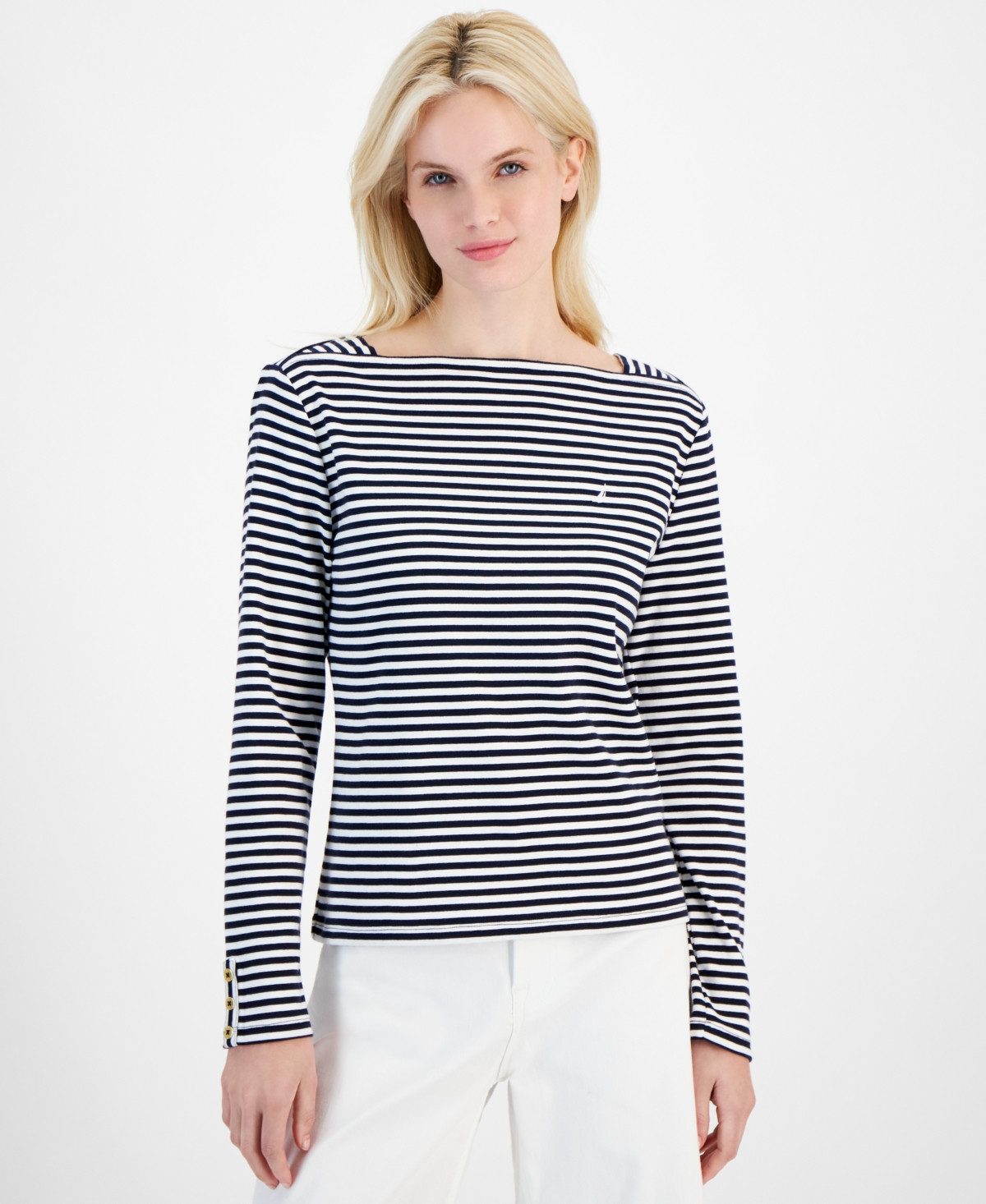 Nautica Jeans Women's Cotton Striped Boat-Neck Top - Night Sky/Bright White | Macy's