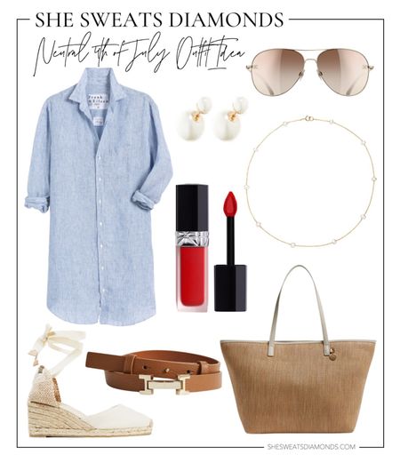 Neutral 4th of July outfit ideas: Blue shirt dress, raffia tote bag, espadrilles, brown leather belt, brown aviator sunglasses, red liquid lipstick, and pearl necklace
