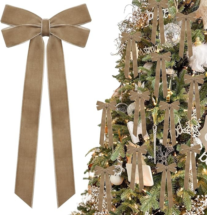 12Pcs Neutral Velvet Ribbon Bows Christmas Tree Decorations,5in x 10in Vintage Xmas Ornaments for Tree Home Party Front Door Wreath Garland Holiday Decor | Amazon (US)