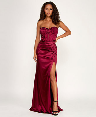 Juniors' Satin Strapless Crisscross Corset Gown with Slit | Macy's