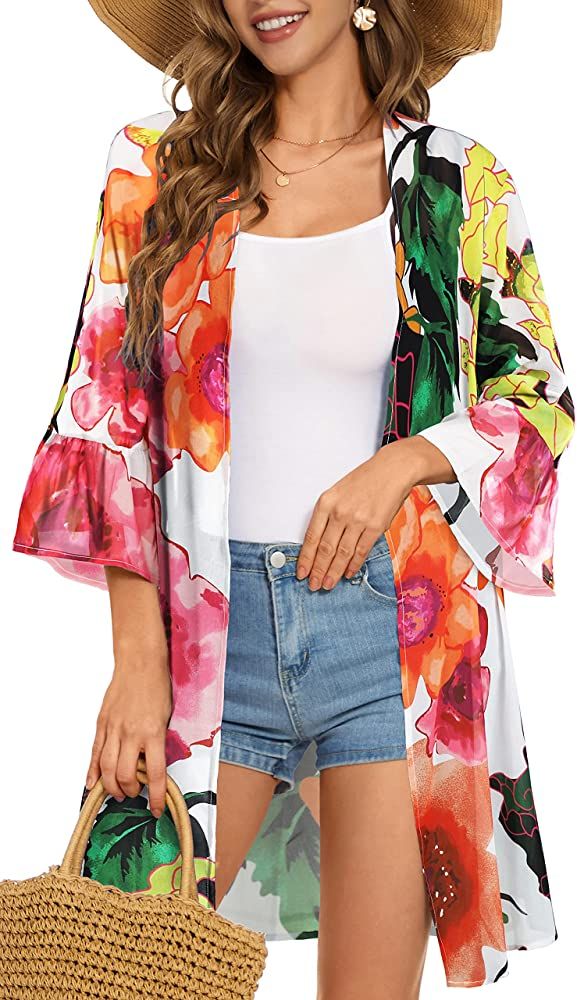 Women's Kimono Cardigans Floral Chiffon Loose Open Front Casual Summer Tops | Amazon (US)