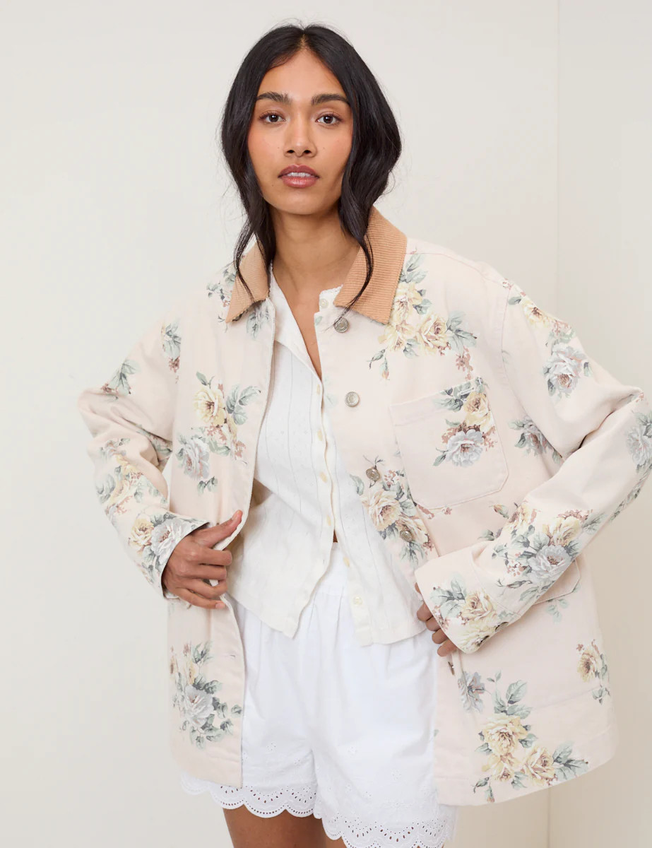 Light Pink Denim Floral Cord Collar Jacket | Nobody's Child