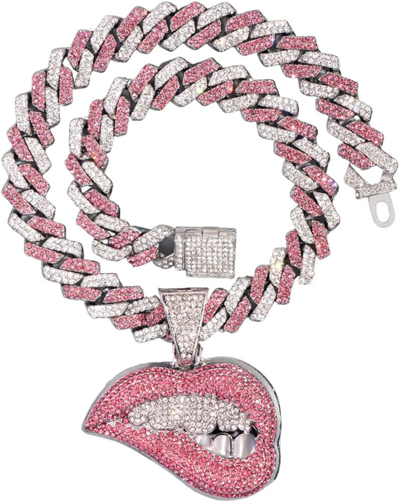 N-Made Beautifull Iced Out Chain for Women Men, Cuban Link Chain, Hip Hop Pink Bite Lip Shape Pen... | Amazon (US)