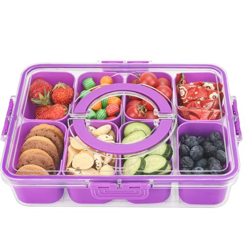 shopwithgreen Snackle Box Container, Divided Serving Tray with Lid and Handle for Party, Veggies, Fruit, Nuts, Food Tray Platter Charcuterie Snack Box Container for Entertaining, Picnic, Purple | Amazon (US)