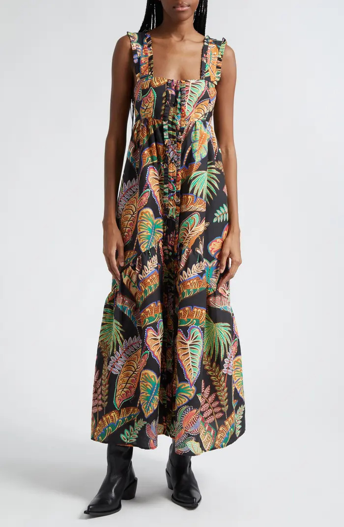 FARM Rio Cool Foliage Button Front Tie Back Maxi Dress | Nordstrom | Nordstrom