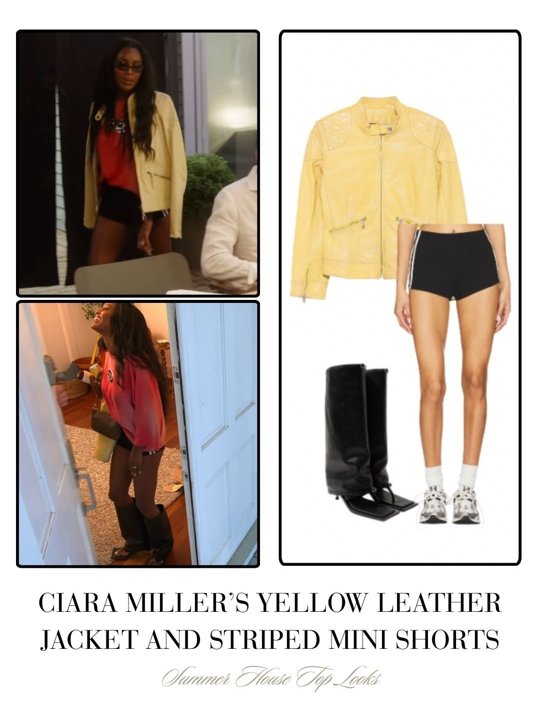 Ciara Miller’s Yellow Leather Jacket and Striped Mini Shorts 
