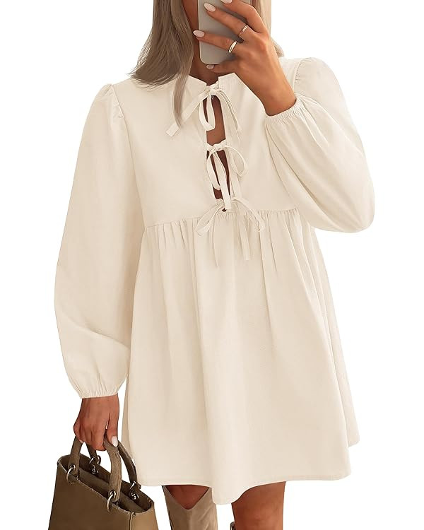 ZESICA Women's Dress Fall Long Puff Sleeve Self Tie Front Babydoll A Line Pleated Cute Mini Tunic... | Amazon (US)