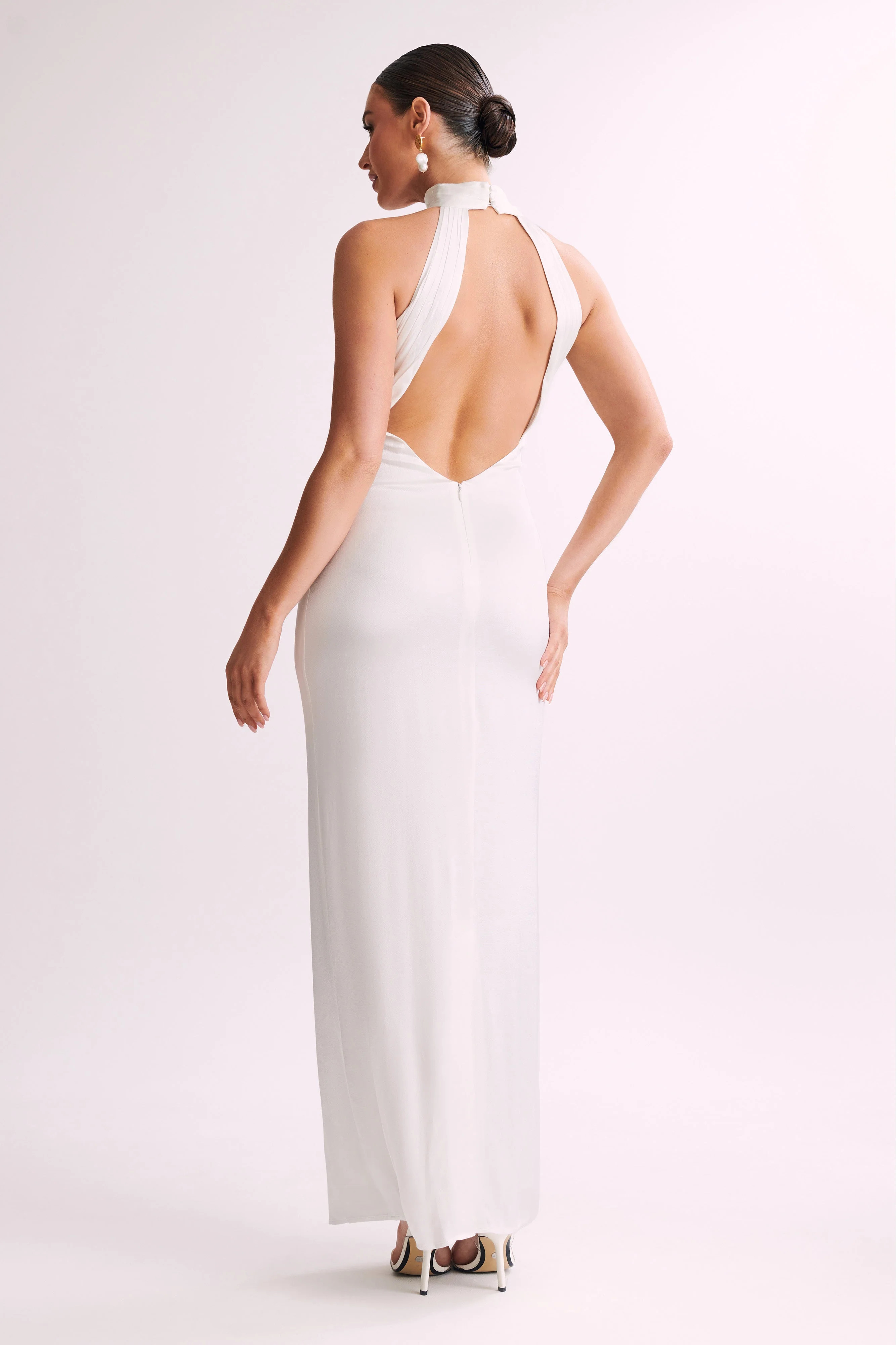 Claire Satin Drape Back Maxi Dress - White | MESHKI US