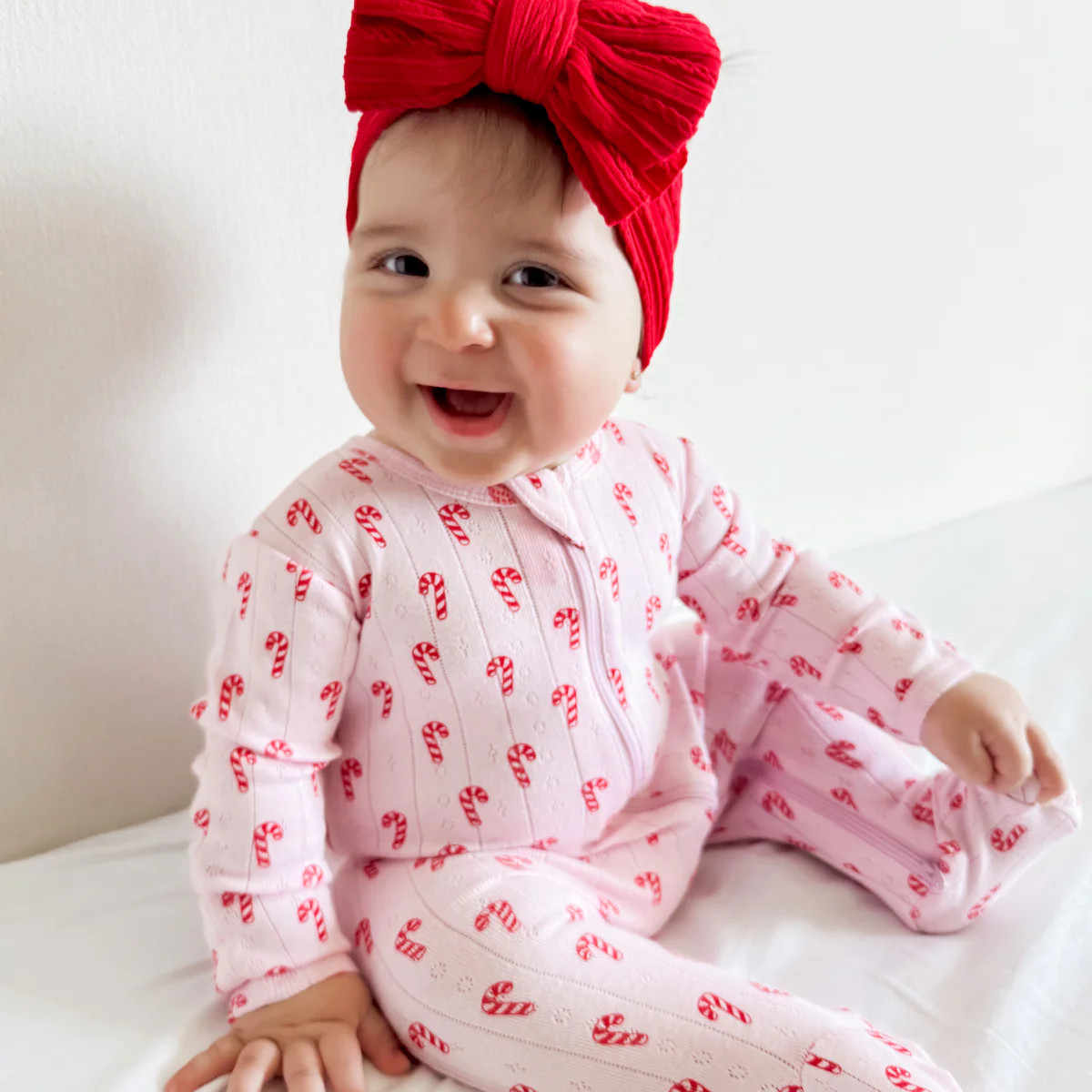 Pink Candy Cane / Organic Pointelle 2-Way Zip Footie | SpearmintLOVE