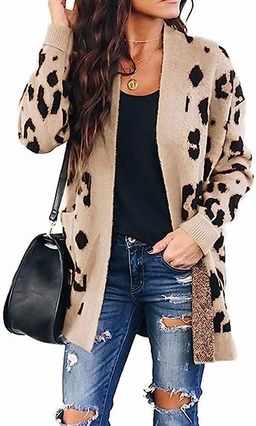 ZESICA Women's Long Sleeves Open Front Leopard Print Button Down Knitted Sweater Cardigan Coat Ou... | Amazon (US)