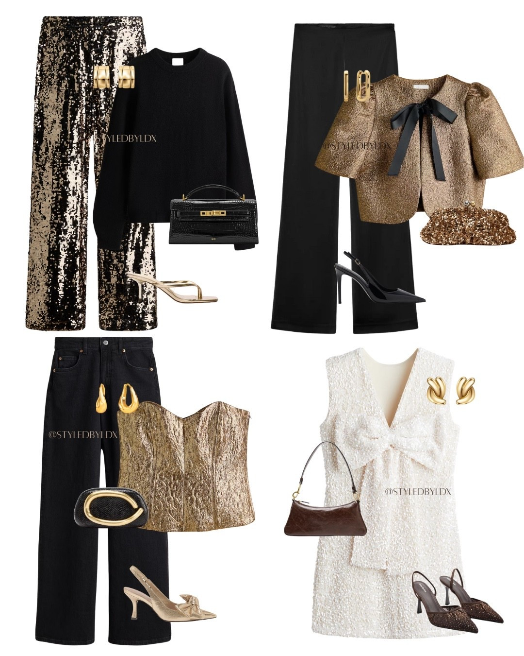 4 partywear outfits - sequin - dresses - satin trousers - knitwear - jeans and a nice top - gold corset 

#LTKpartywear #LTKstyletip #LTKfestive