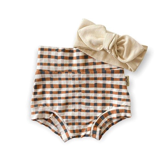 Brown Gingham Bummies with Ivory Headband, Baby Girl Clothes, Toddler Diaper Cover, High Waisted ... | Etsy (US)