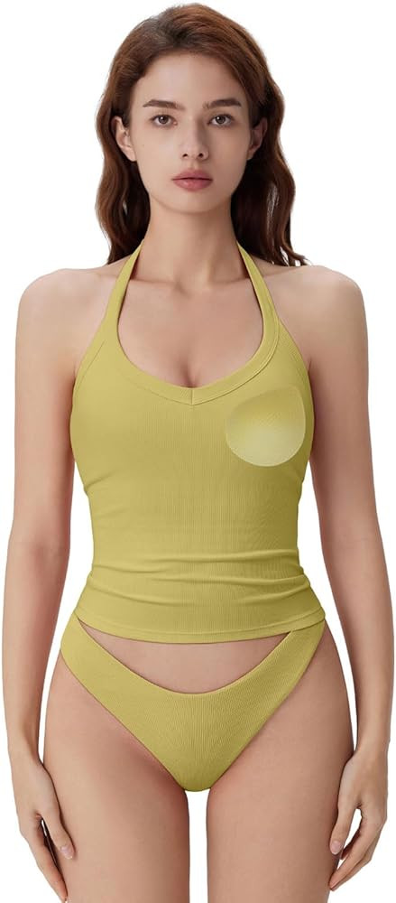SUUKSESS Halter Tank Top for Women with Built in Bra Cotton Ribbed V Neck Cami | Amazon (US)