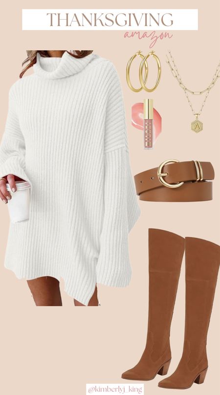 Thanksgiving outfit idea
 Cute Thanksgiving outfit inspo
Fall outfit
Fall date night
White sweater dress
Brown boots
Gold jewelry 
Amazon fashion
Amazon thanksgiving outfit 

#LTKfindsunder50 #LTKHoliday #LTKshoecrush