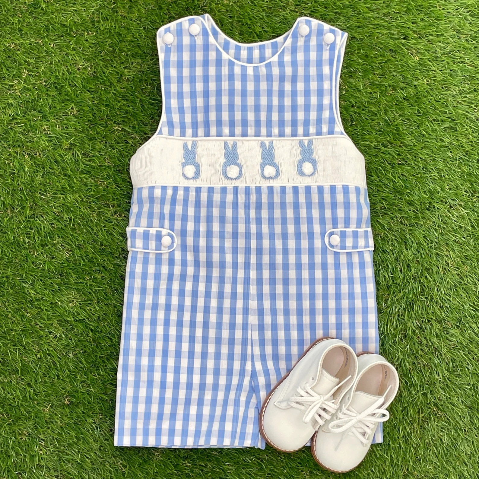 Easter Bunny Smocked Shortall in blue gingham - Coordinating Sibling Outfits, Baby Boy, Vintage S... | Etsy (US)