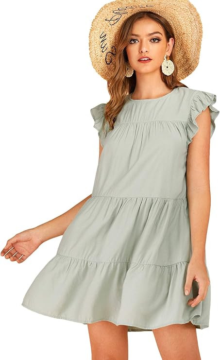 Romwe Women's Ruffle Butterfly Sleeve Solid Babydoll Dress | Amazon (US)