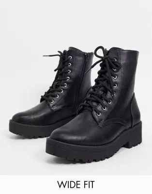 Truffle Collection wide fit chunky lace up boots in black | ASOS (Global)