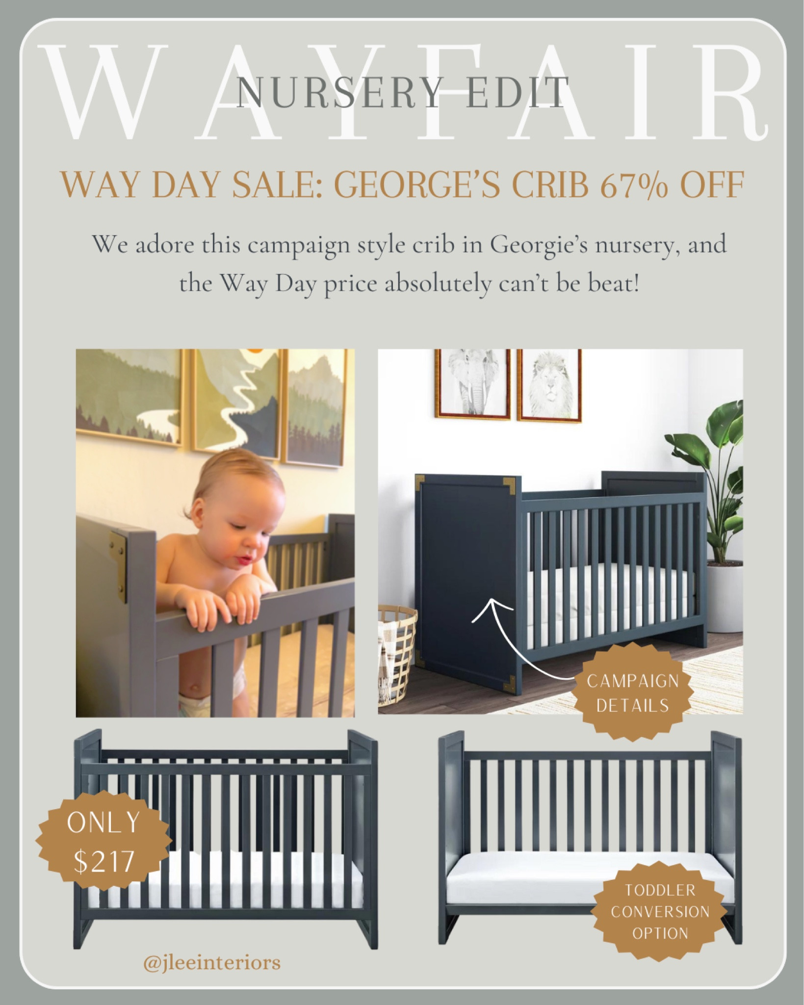 Enjoy 67% OFF our crib during Wayfair’s Way Day Sale! 
I’d totally recommend this crib for any nursery. It has been so fun to style, is structurally sound, has cool brass corner campaign-style details, and the PRICE IS FAB! (especially considering such a temporary piece of furniture). 

#Wayfair #WayDaySale #NurseryFurniture #NurseryDesign #Children’sFurniture #CribBabyCrib #PaintedCrib #ToddlerBed #BabyBed 

#LTKSaleAlert #LTKHome