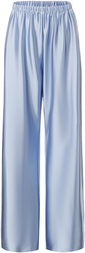 Women Satin Wide Leg Dress Pants Silk Casual Dressy Long Flowy Pants Elastic High Waisted Trousers | Amazon (US)