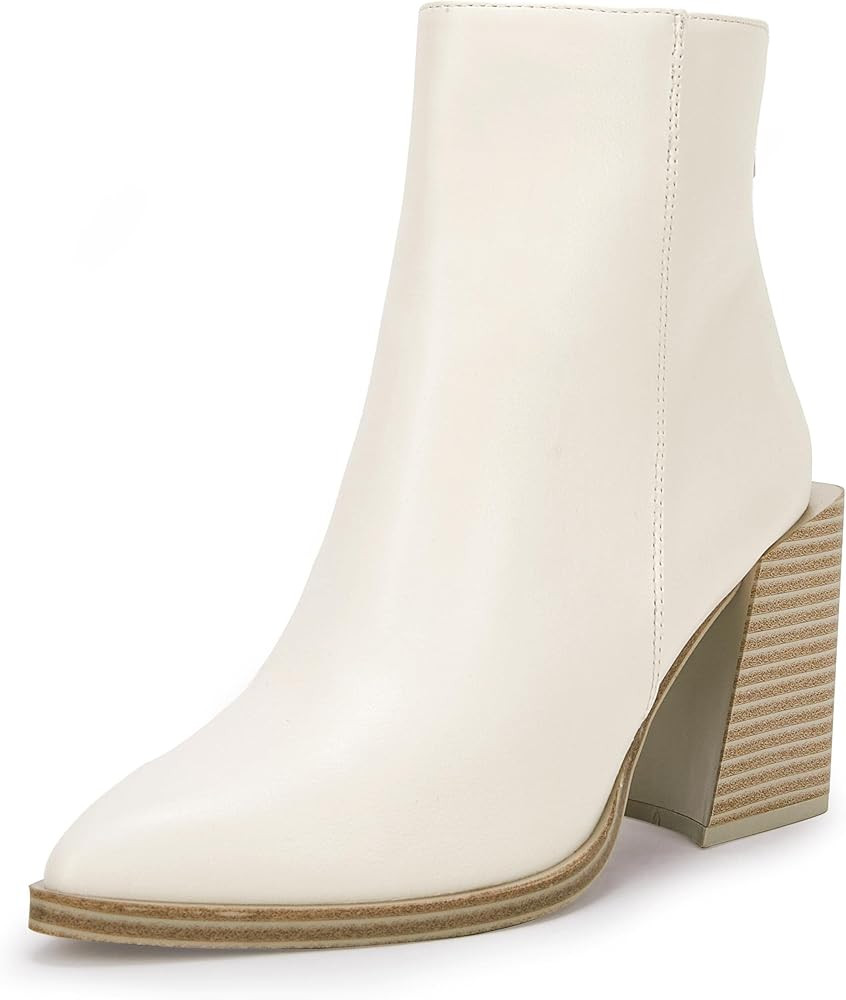 Womens Pointed Toe Ankle Boots Chunky Block Stacked Mid Heel Slip On Booties | Amazon (US)