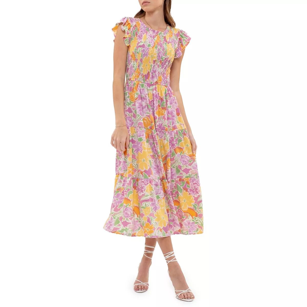 August Sky Women's Short Flutter Sleeves Tiered Floral Midi Dress | Kohl's